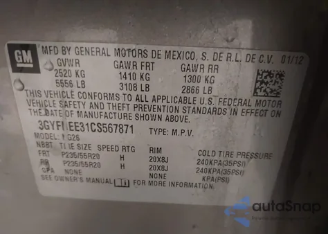 2012 Cadillac Srx Performance Collection из США, поврежденный, VIN 3GYFNEE31CS567871